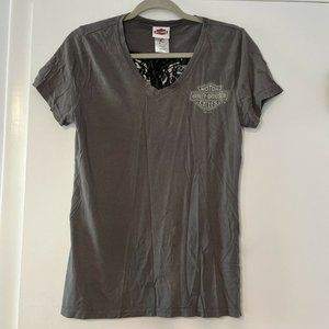 Harley Davidson Women's  Heritage Cycles V-Neck T-Shirt M With Lace Back Gray